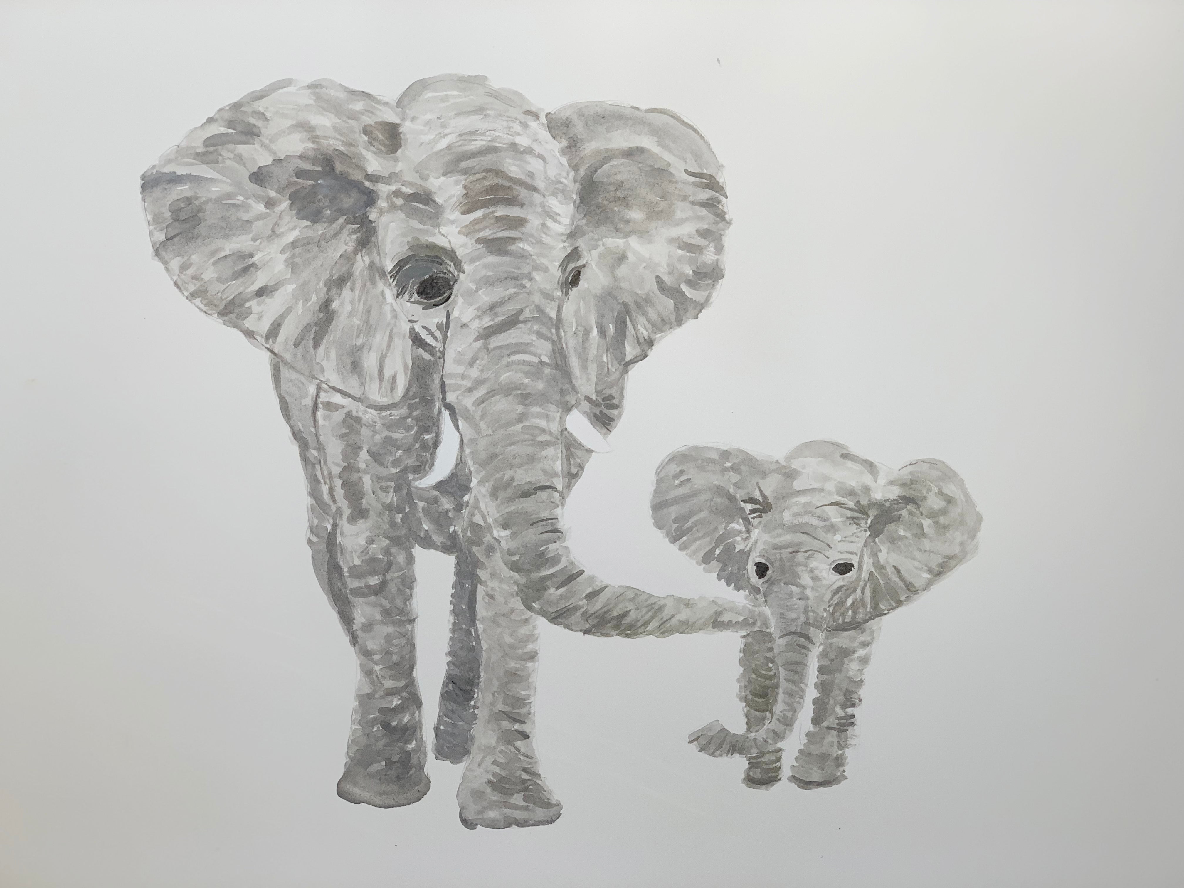 Original Elephant Mama and Baby Painting