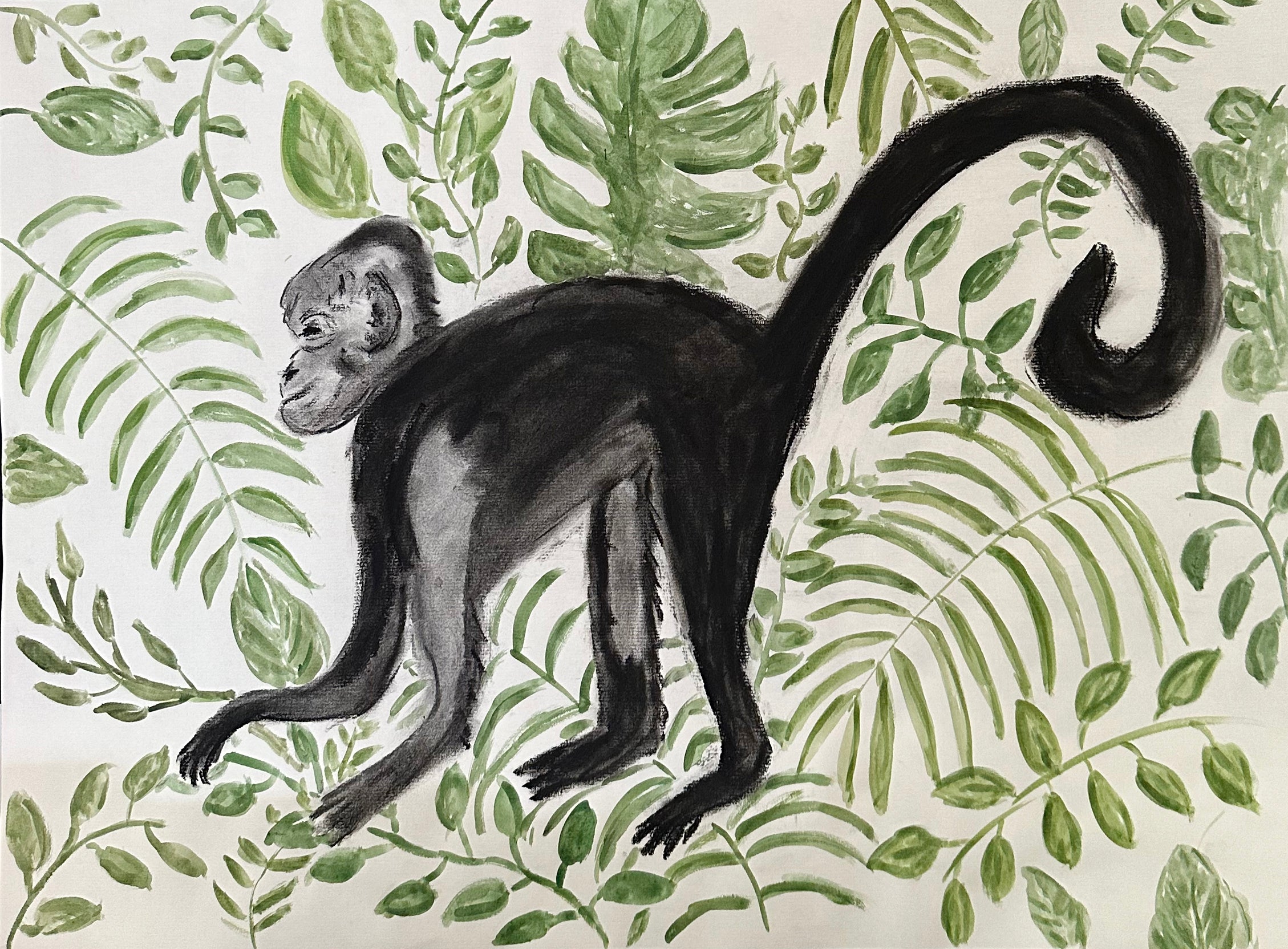 Original Charcoal & Watercolor Monkey