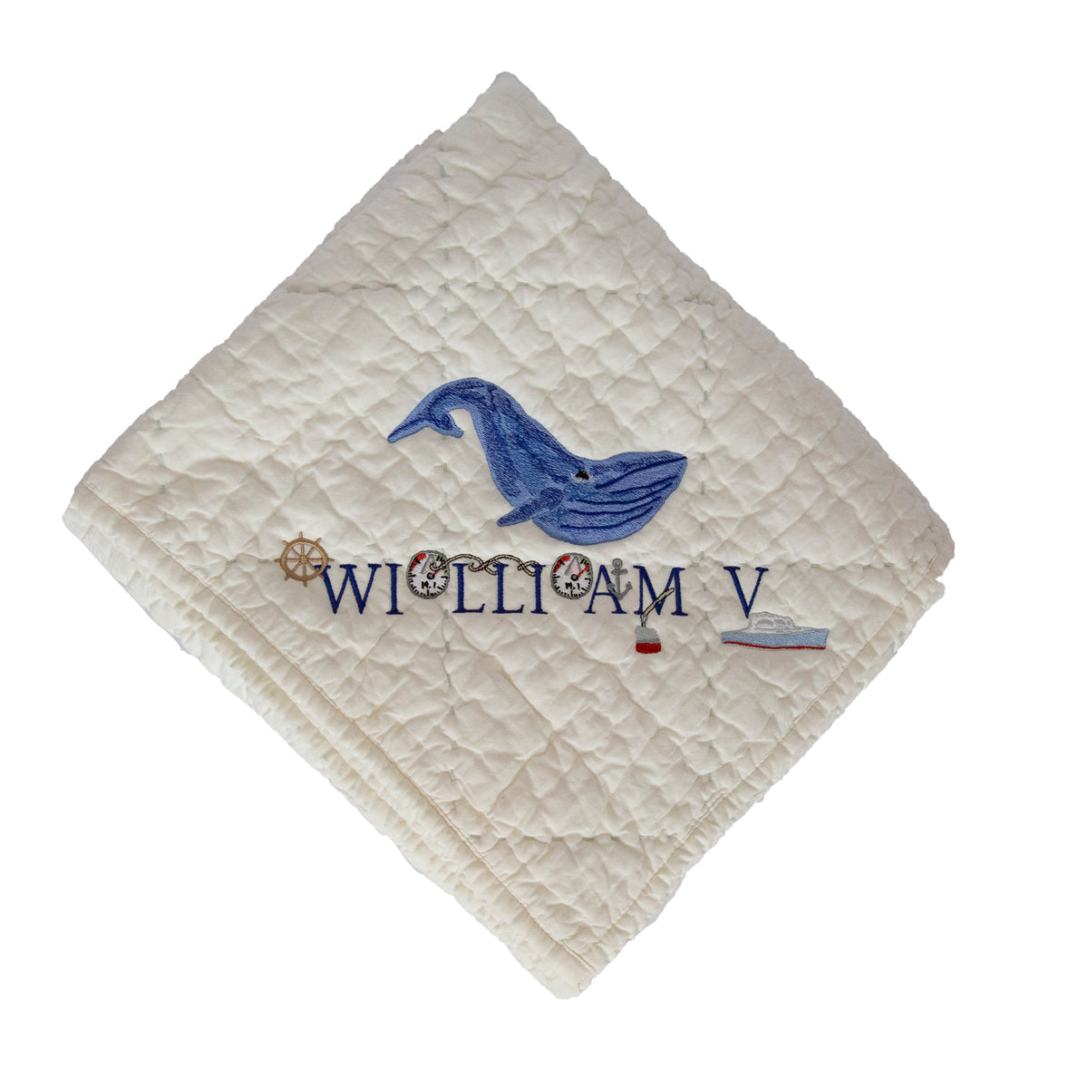 MONOBLANKS Personalized Monogram Baby Quilt - Navy Blue Lightweight Cotton Embossed Scalloped Throw Blanket - View #9